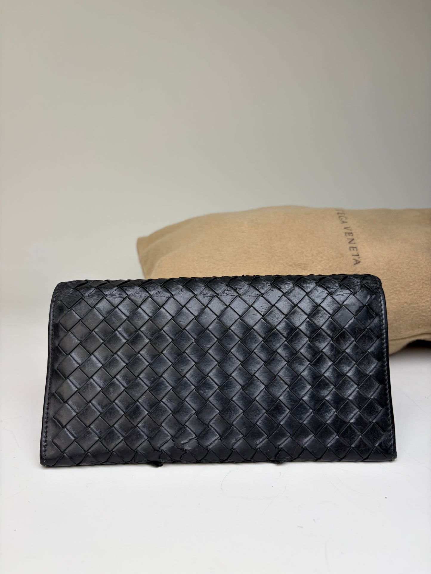 Vintage Bottega Veneta Intrecciato Leather Bifold Wallet Black