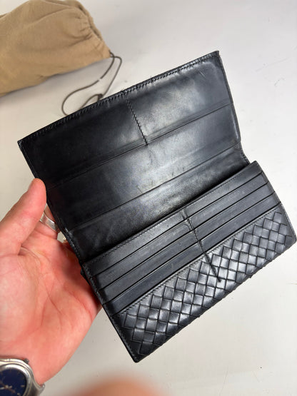 Vintage Bottega Veneta Intrecciato Leather Bifold Wallet Black