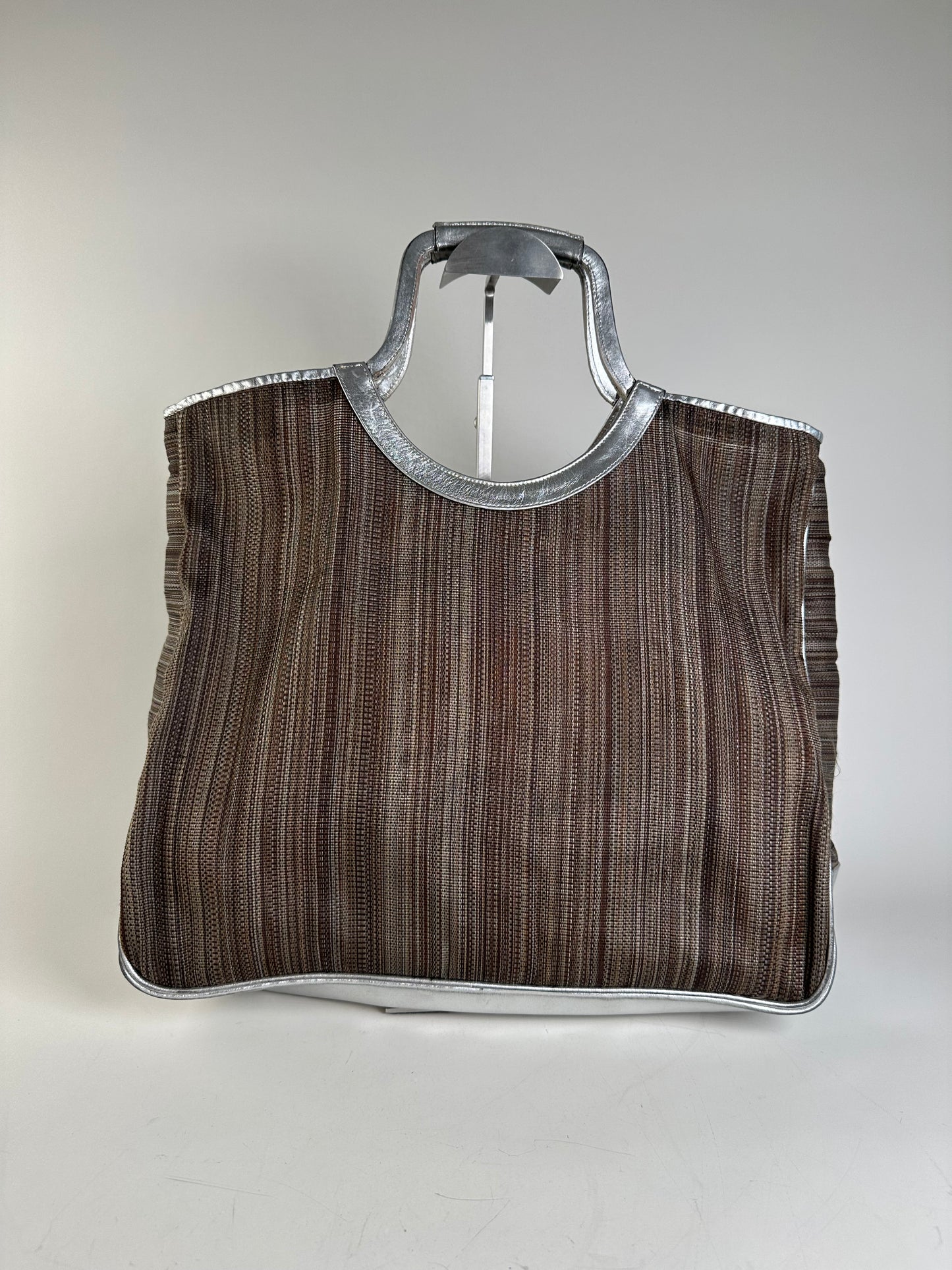 Vintage Etro Woven Fabric Tote Bag Brown Silver