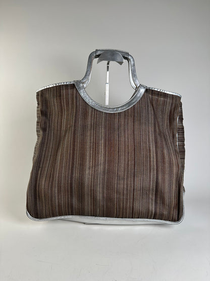 Vintage Etro Woven Fabric Tote Bag Brown Silver