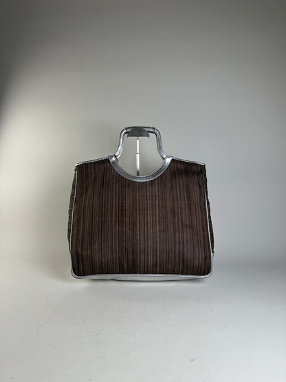 Vintage Etro Woven Fabric Tote Bag Brown Silver
