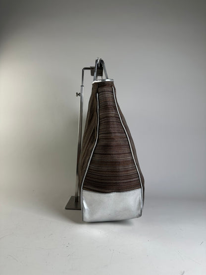 Vintage Etro Woven Fabric Tote Bag Brown Silver