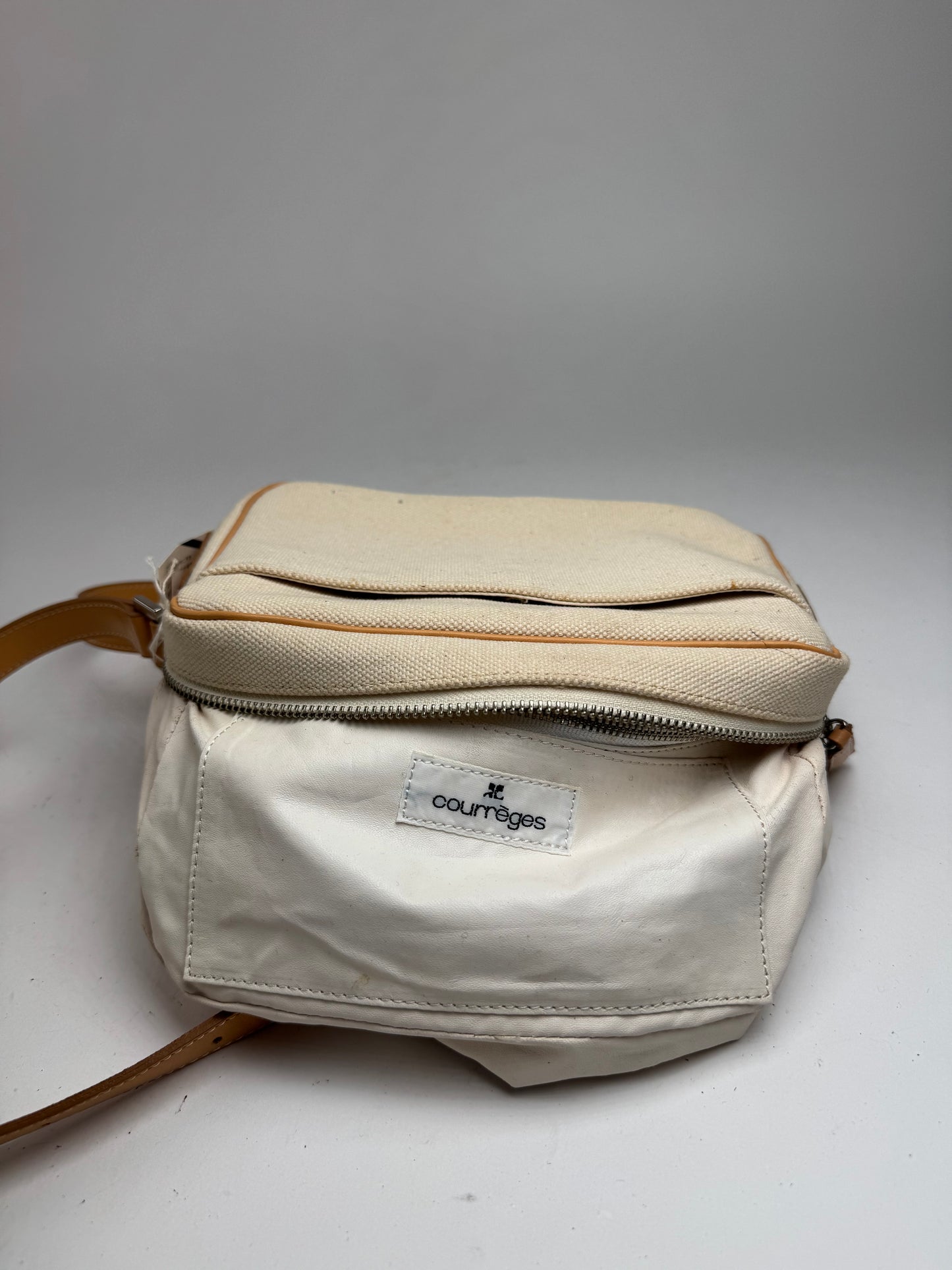 Vintage Courreges Leather Canvas bag beige white with tag