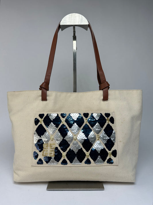 Vintage Givenchy Sequin Canvas Tote Late 1990s Beige Navy