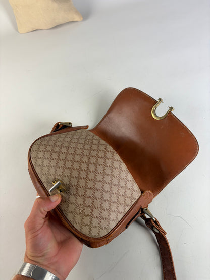 Vintage Celine Coated Canvas Crossbody Bag Beige Brown Gold
