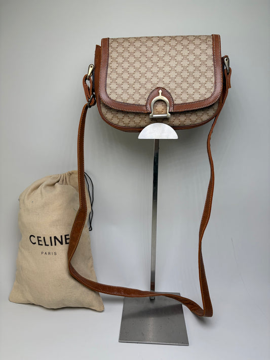 Vintage Celine Coated Canvas Crossbody Bag Beige Brown Gold