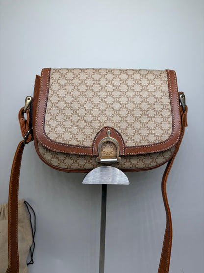 Vintage Celine Coated Canvas Crossbody Bag Beige Brown Gold