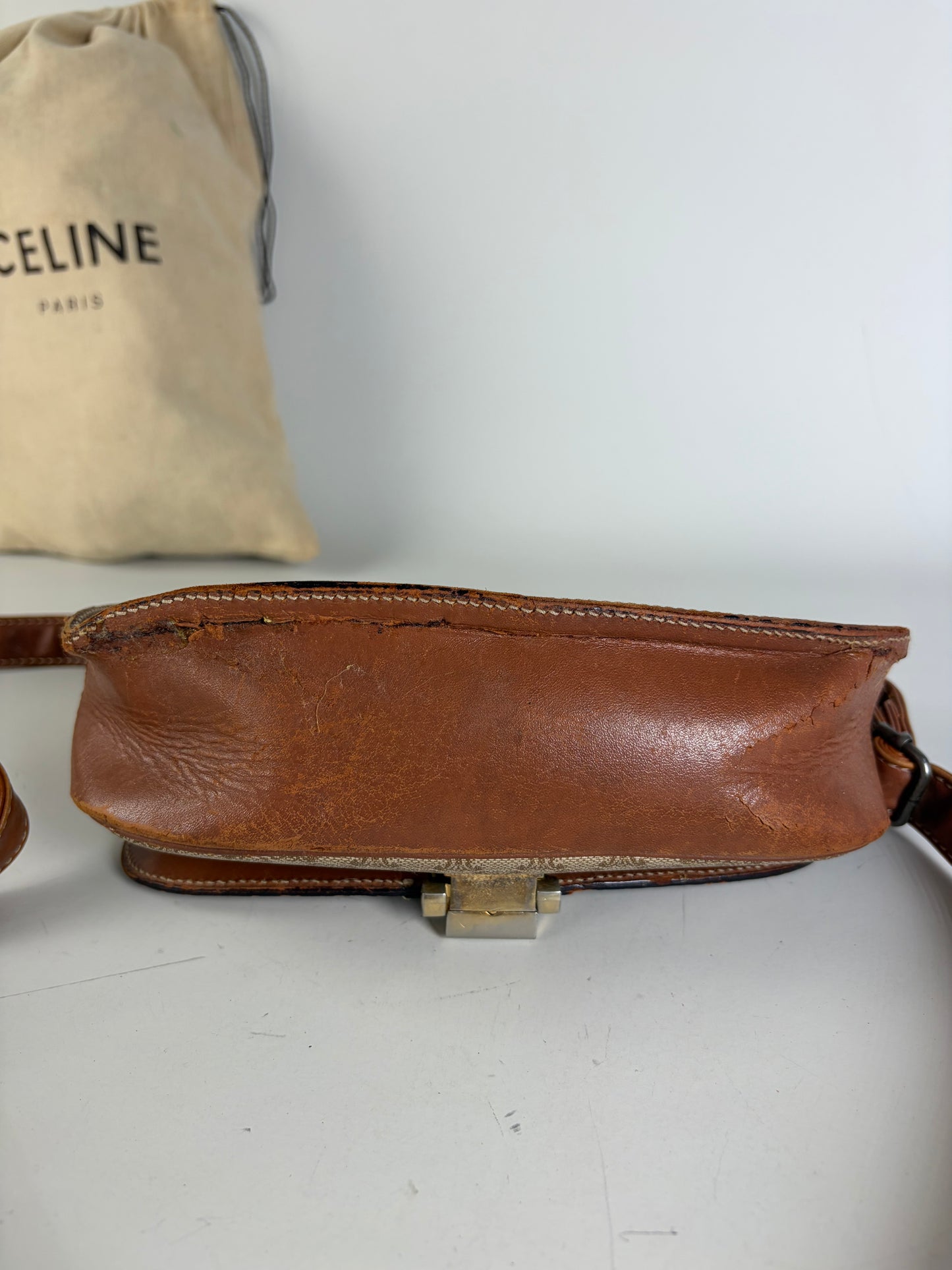 Vintage Celine Coated Canvas Crossbody Bag Beige Brown Gold