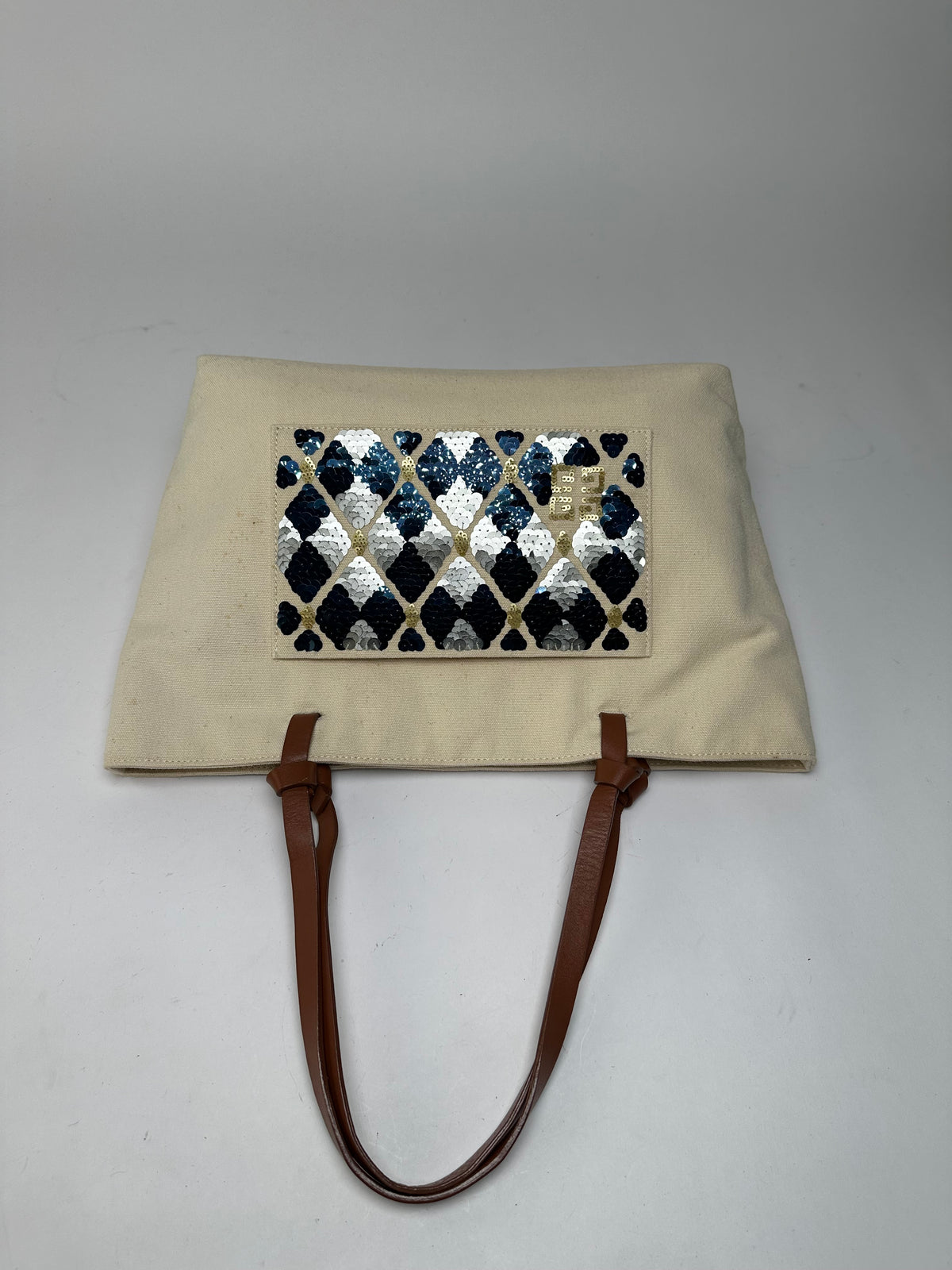 Vintage Givenchy Sequin Canvas Tote Late 1990s Beige Navy