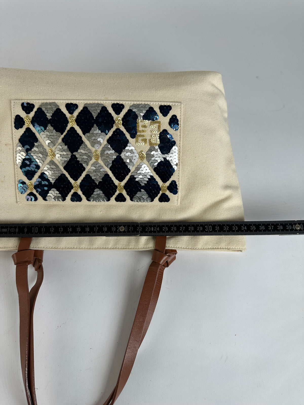 Vintage Givenchy Sequin Canvas Tote Late 1990s Beige Navy
