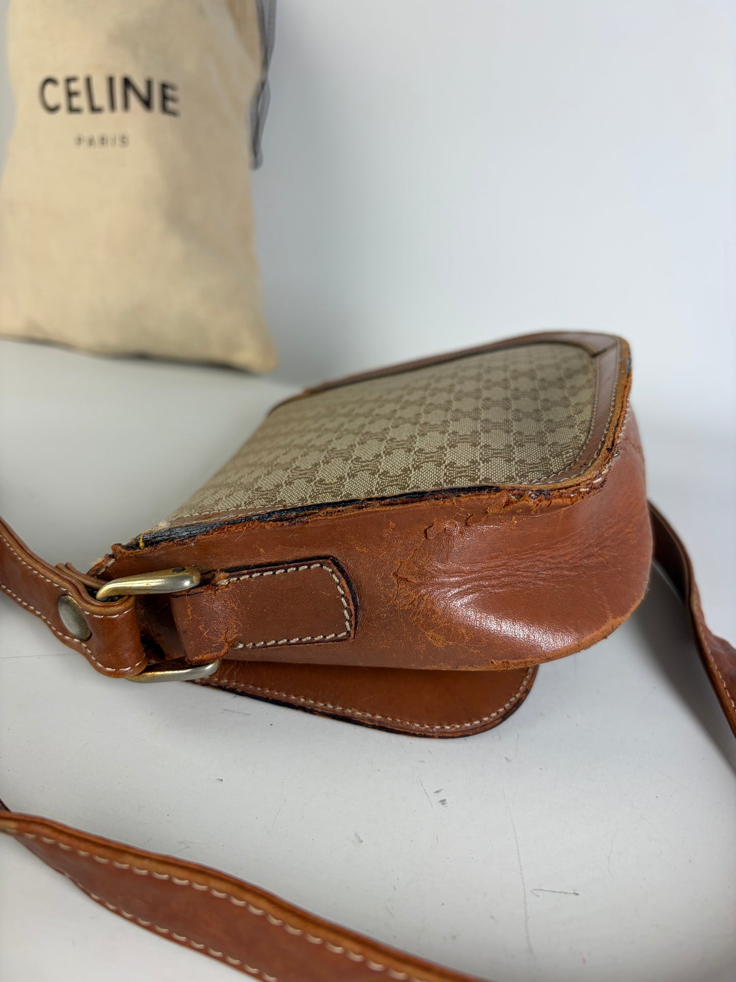 Vintage Celine Coated Canvas Crossbody Bag Beige Brown Gold