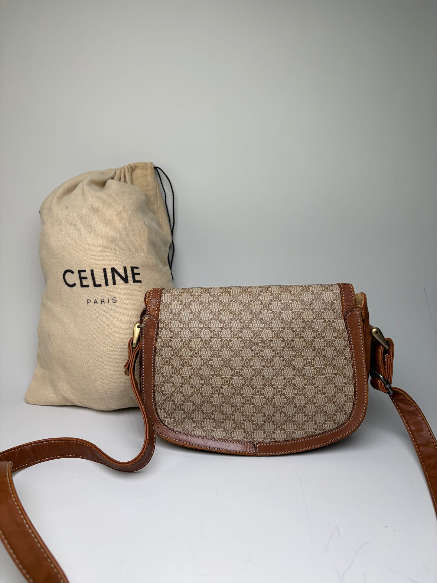 Vintage Celine Coated Canvas Crossbody Bag Beige Brown Gold