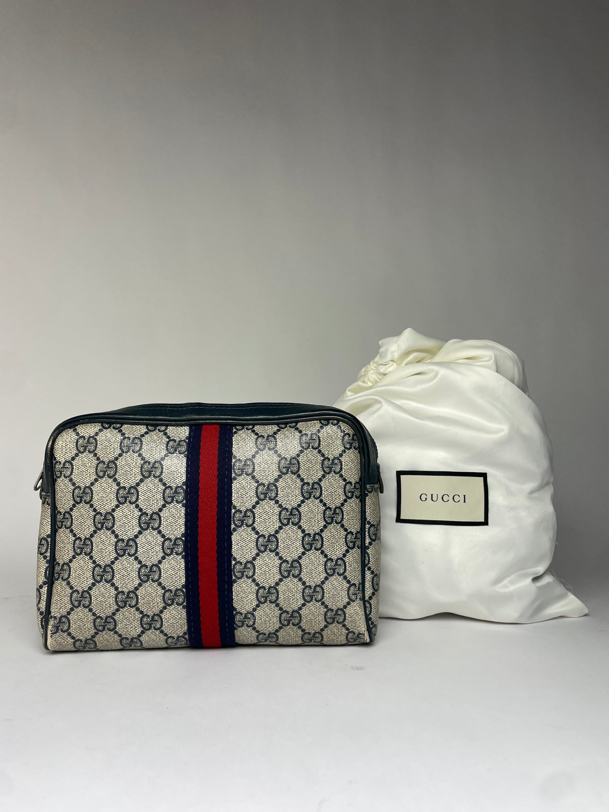 Vintage Gucci GG Plus Cosmetic Case c. Mid-1980s Cream Navy Red