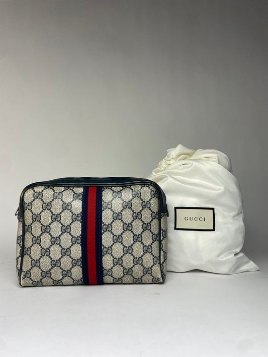 Vintage Gucci GG Plus Cosmetic Case c. Mid-1980s Cream Navy Red