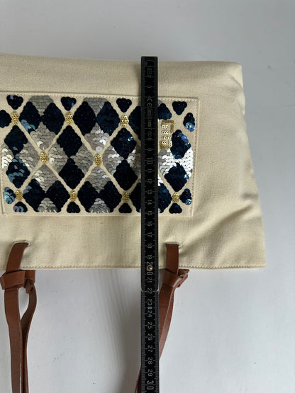 Vintage Givenchy Sequin Canvas Tote Late 1990s Beige Navy