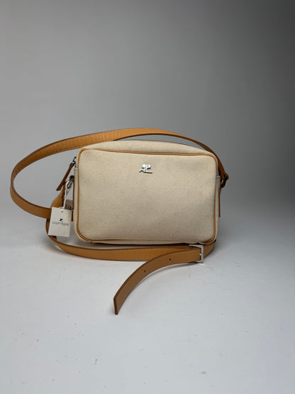 Vintage Courreges Leather Canvas bag beige white with tag