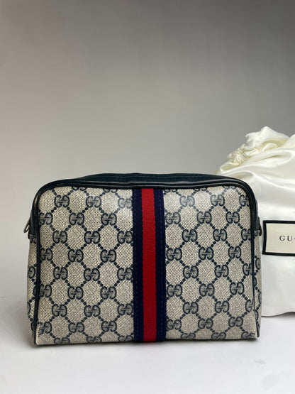 Vintage Gucci GG Plus Cosmetic Case c. Mid-1980s Cream Navy Red