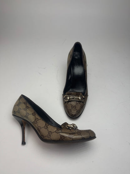 Vintage Gucci Horsebit Monogram Leather Pumps Beige Brown 37