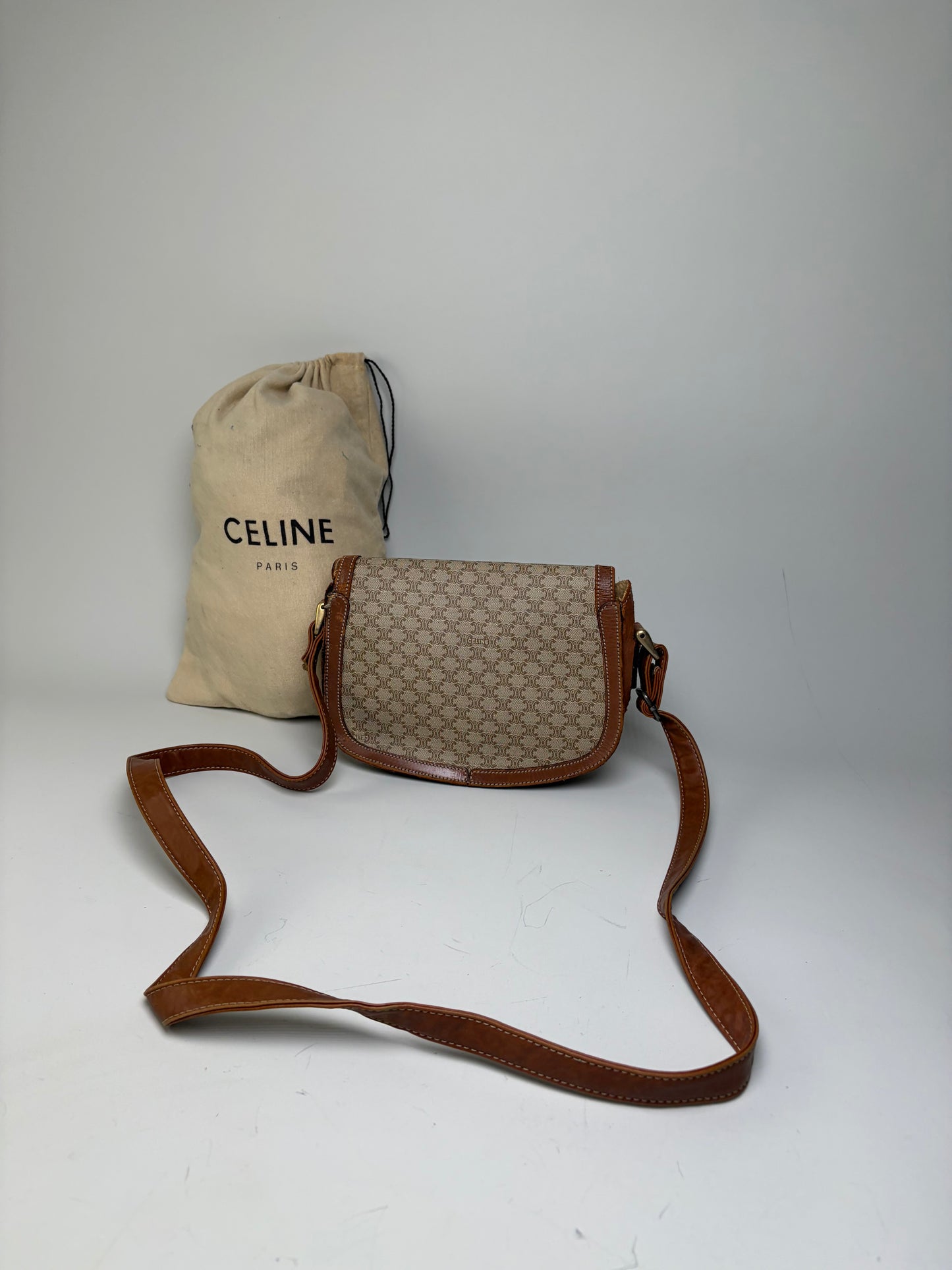 Vintage Celine Coated Canvas Crossbody Bag Beige Brown Gold