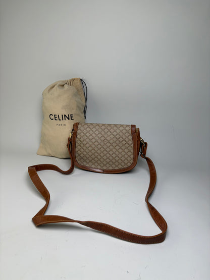 Vintage Celine Coated Canvas Crossbody Bag Beige Brown Gold