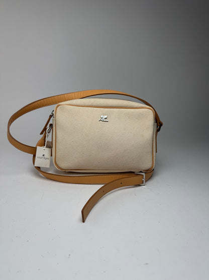 Vintage Courreges Leather Canvas bag beige white with tag