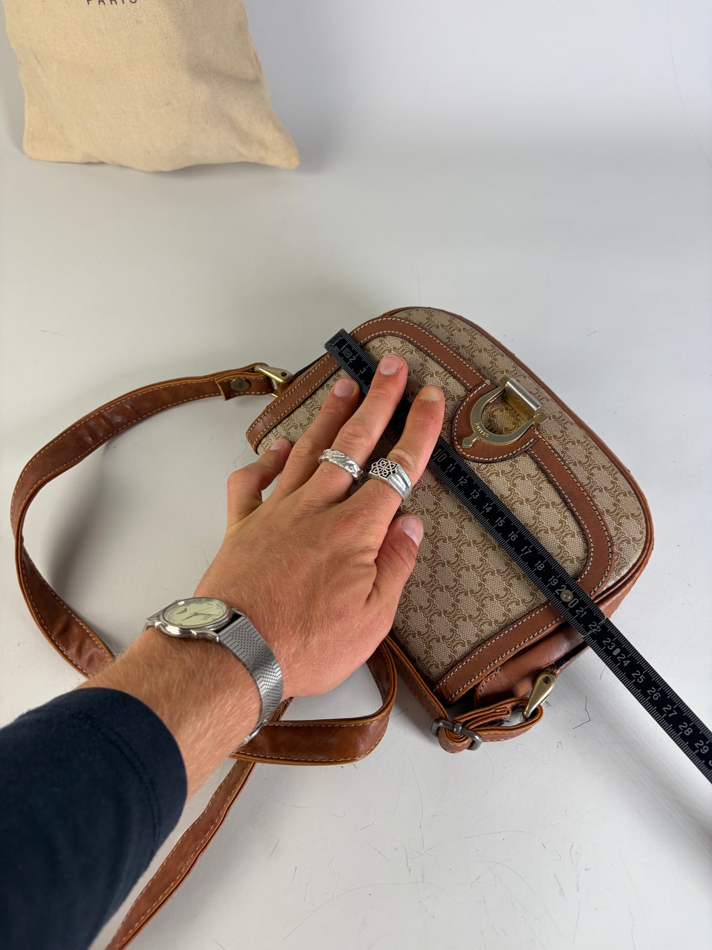 Vintage Celine Coated Canvas Crossbody Bag Beige Brown Gold