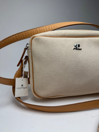 Vintage Courreges Leather Canvas bag beige white with tag