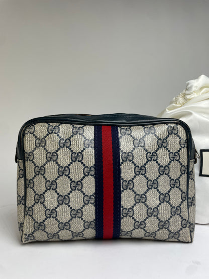 Vintage Gucci GG Plus Cosmetic Case c. Mid-1980s Cream Navy Red