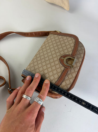 Vintage Celine Coated Canvas Crossbody Bag Beige Brown Gold