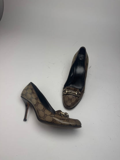 Vintage Gucci Horsebit Monogram Leather Pumps Beige Brown 37