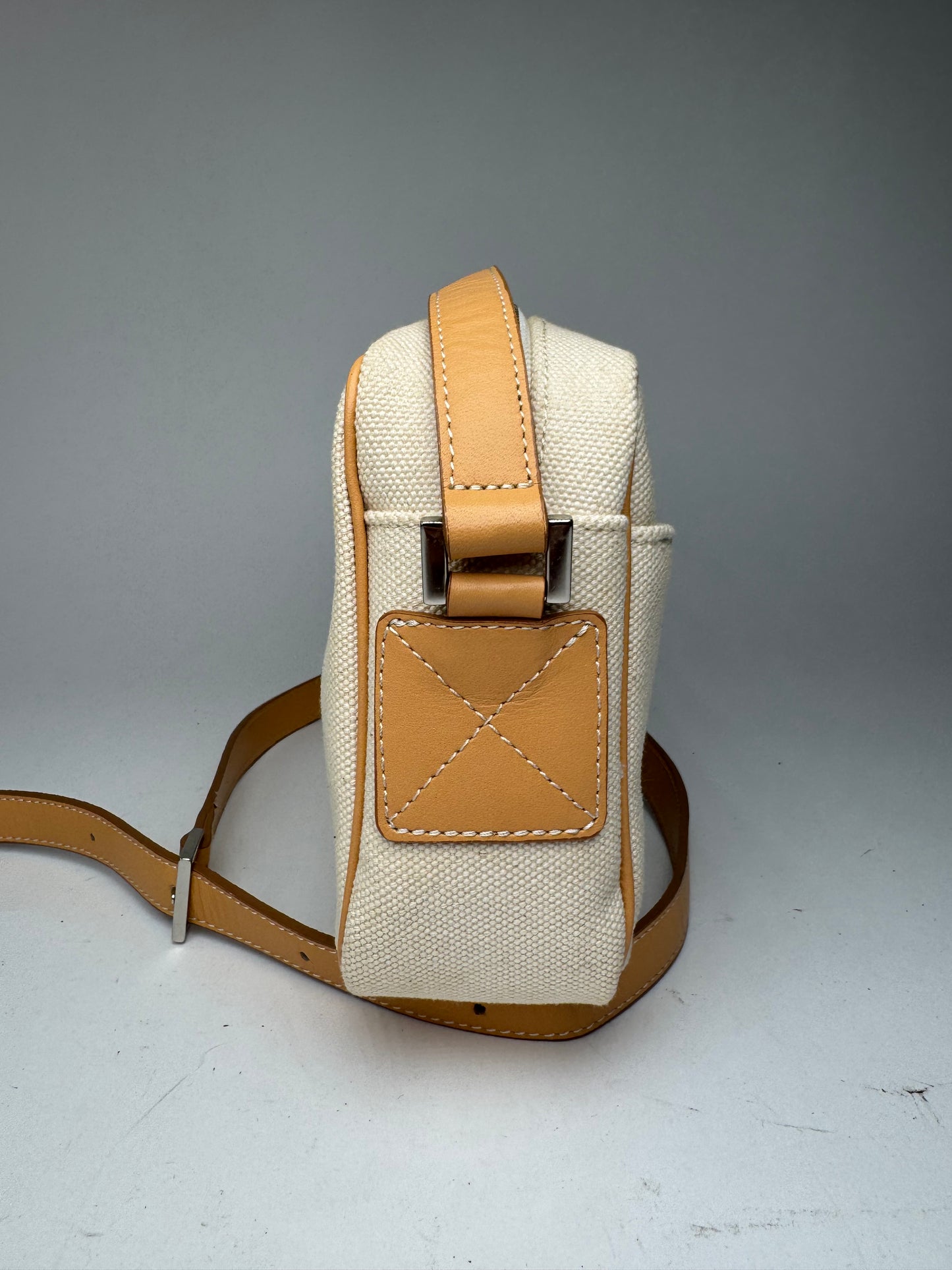 Vintage Courreges Leather Canvas bag beige white with tag