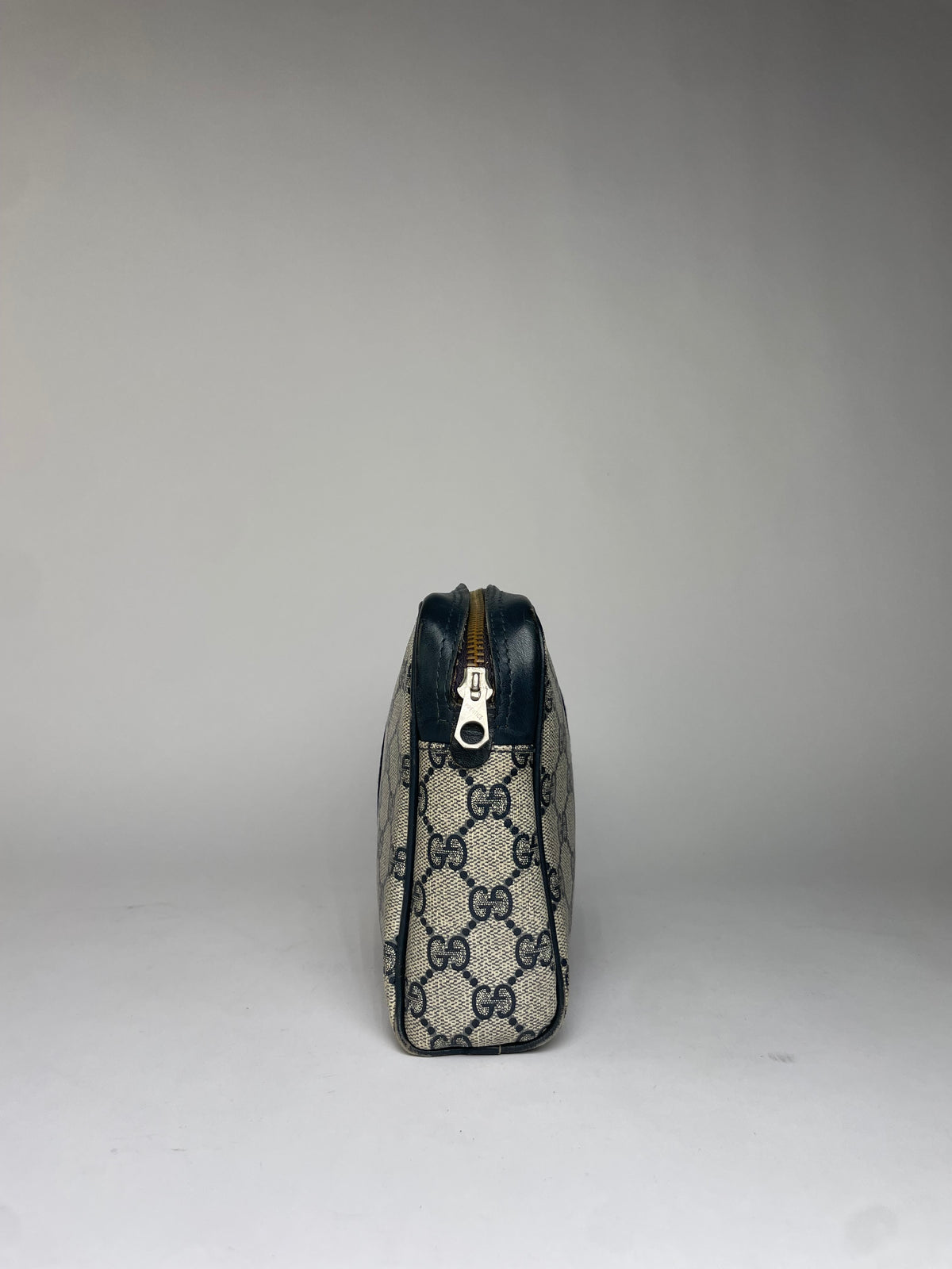 Vintage Gucci GG Plus Cosmetic Case c. Mid-1980s Cream Navy Red