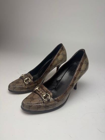 Vintage Gucci Horsebit Monogram Leather Pumps Beige Brown 37