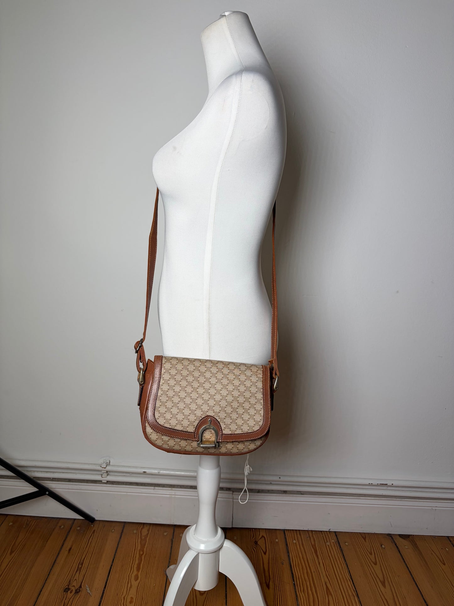 Vintage Celine Coated Canvas Crossbody Bag Beige Brown Gold