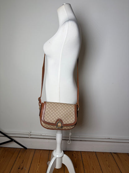 Vintage Celine Coated Canvas Crossbody Bag Beige Brown Gold