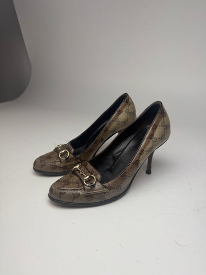 Vintage Gucci Horsebit Monogram Leather Pumps Beige Brown 37