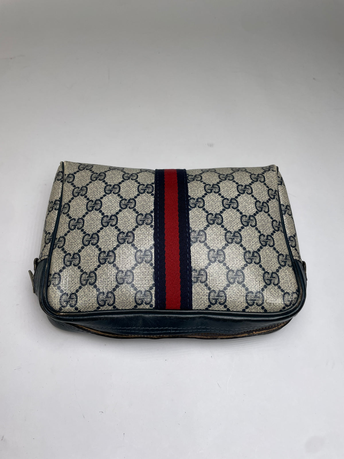 Vintage Gucci GG Plus Cosmetic Case c. Mid-1980s Cream Navy Red