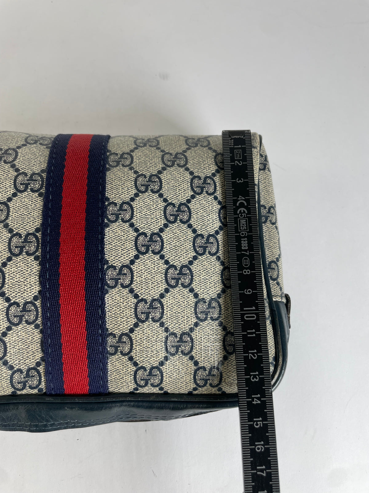 Vintage Gucci GG Plus Cosmetic Case c. Mid-1980s Cream Navy Red