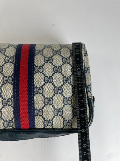 Vintage Gucci GG Plus Cosmetic Case c. Mid-1980s Cream Navy Red