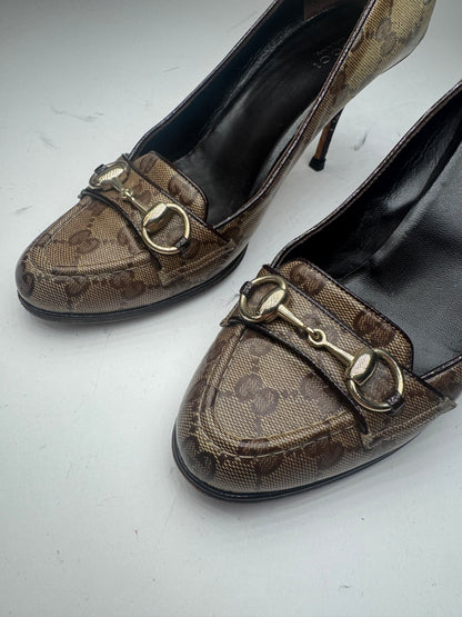 Vintage Gucci Horsebit Monogram Leather Pumps Beige Brown 37