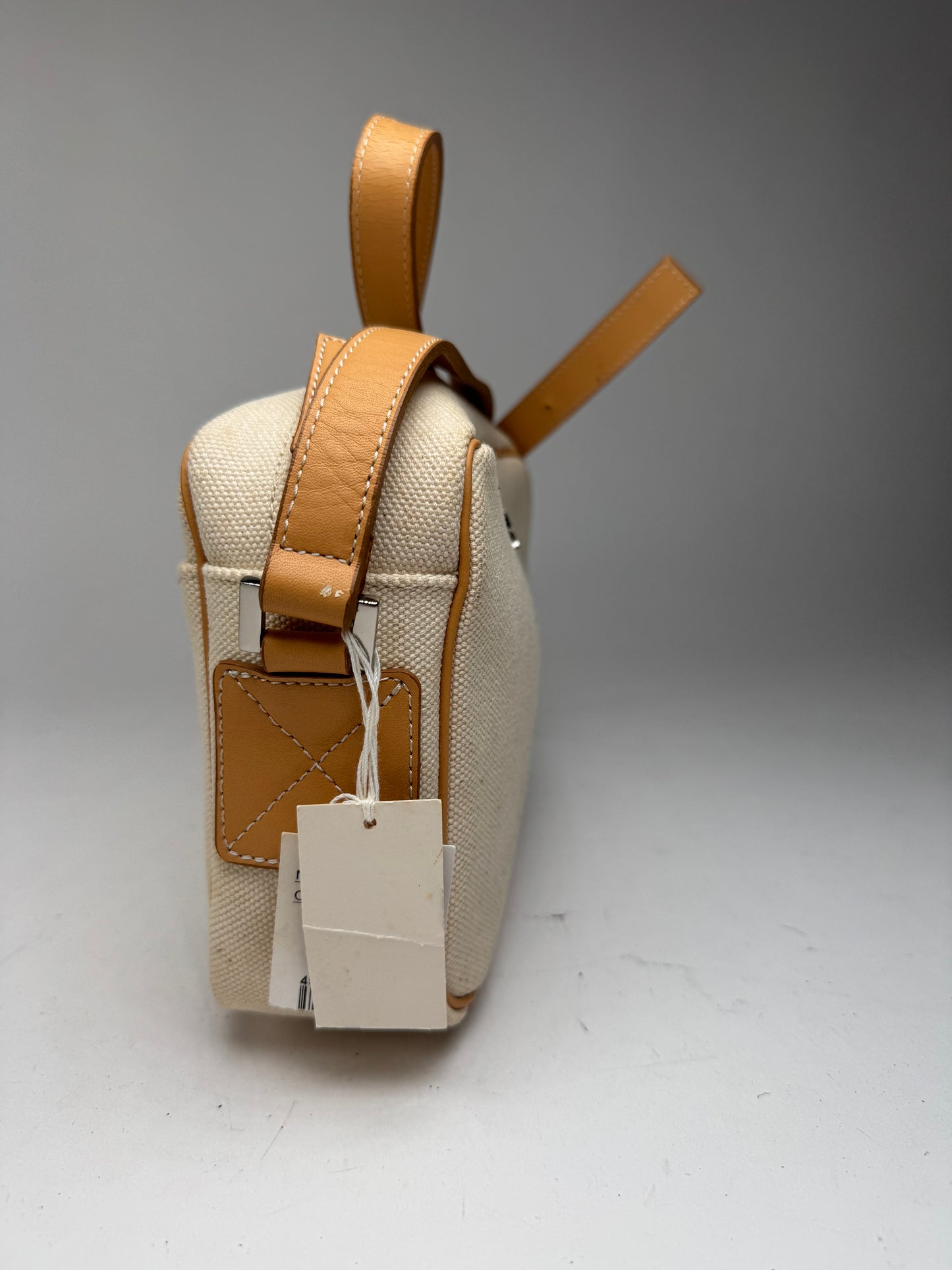 Vintage Courreges Leather Canvas bag beige white with tag