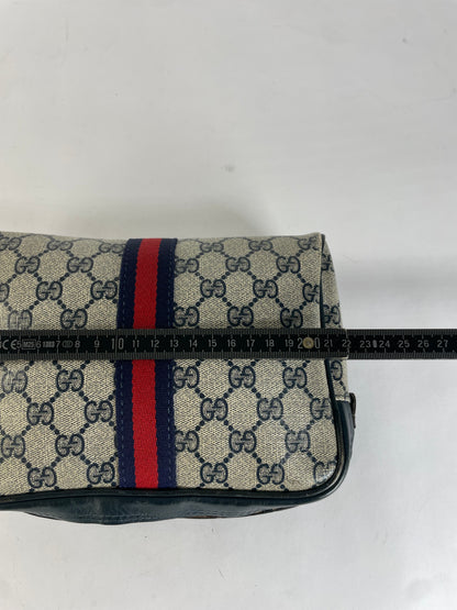 Vintage Gucci GG Plus Cosmetic Case c. Mid-1980s Cream Navy Red
