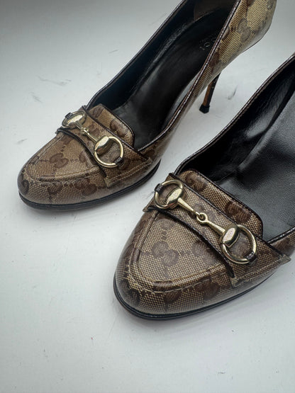 Vintage Gucci Horsebit Monogram Leather Pumps Beige Brown 37