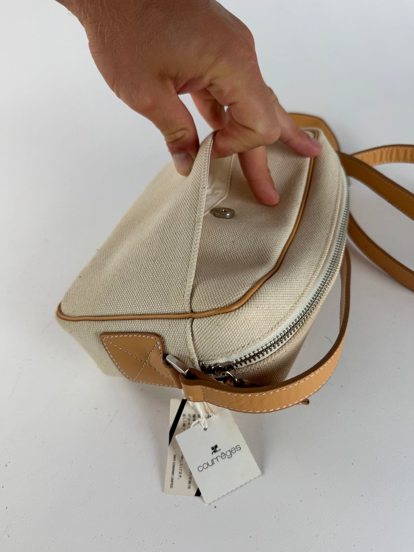 Vintage Courreges Leather Canvas bag beige white with tag