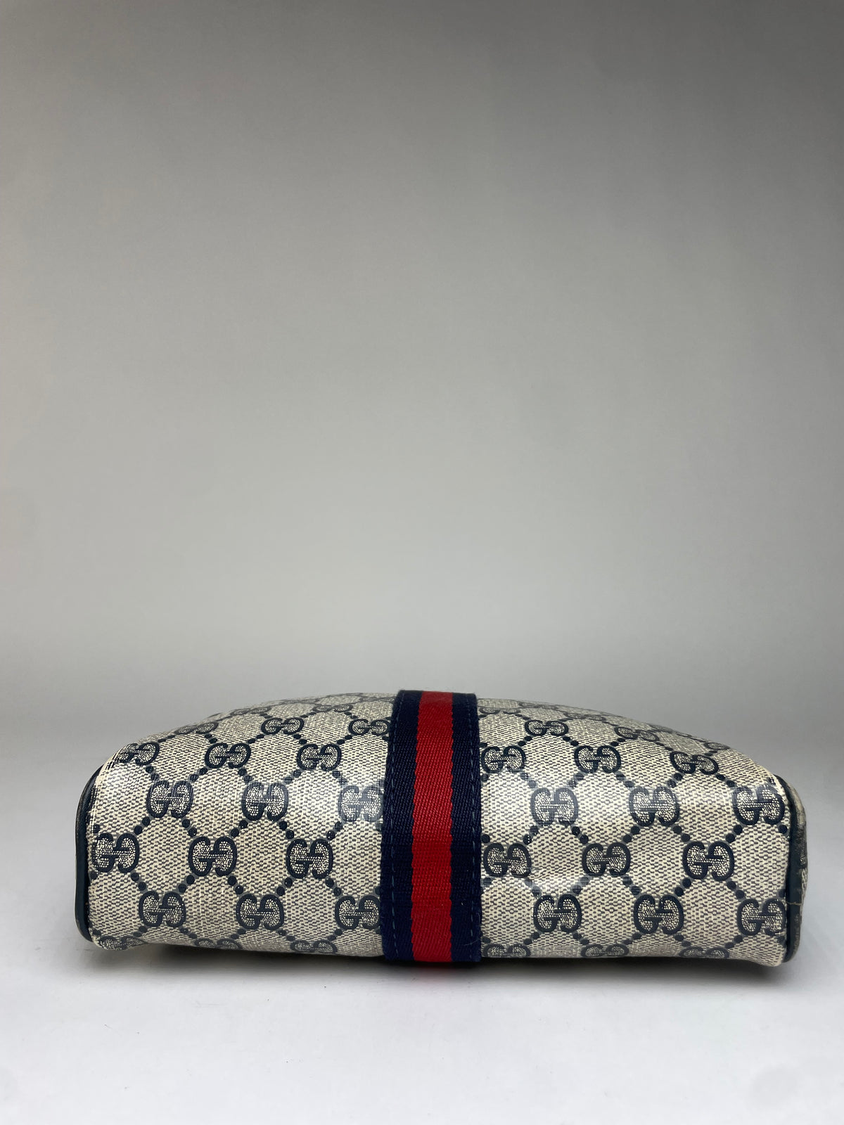 Vintage Gucci GG Plus Cosmetic Case c. Mid-1980s Cream Navy Red