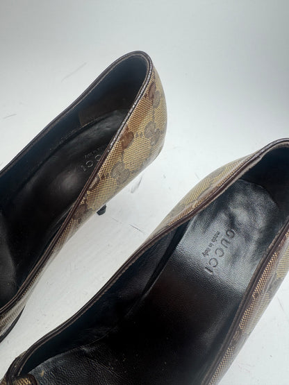 Vintage Gucci Horsebit Monogram Leather Pumps Beige Brown 37