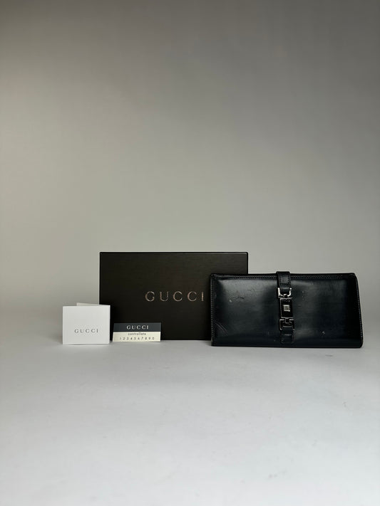 Vintage Gucci Leather Bifold Wallet Early 2000s Black Silver
