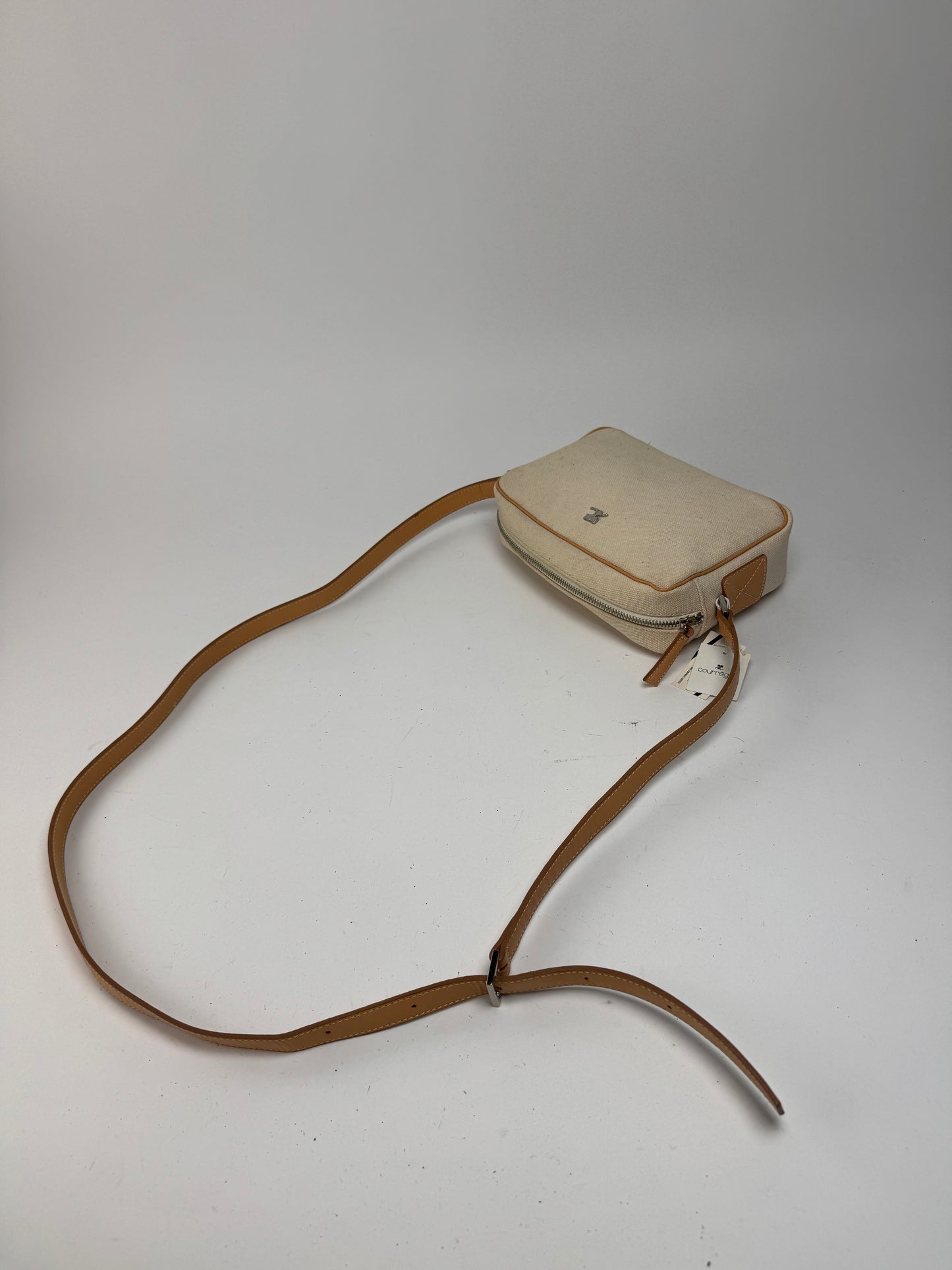 Vintage Courreges Leather Canvas bag beige white with tag
