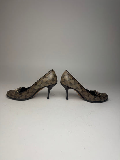 Vintage Gucci Horsebit Monogram Leather Pumps Beige Brown 37