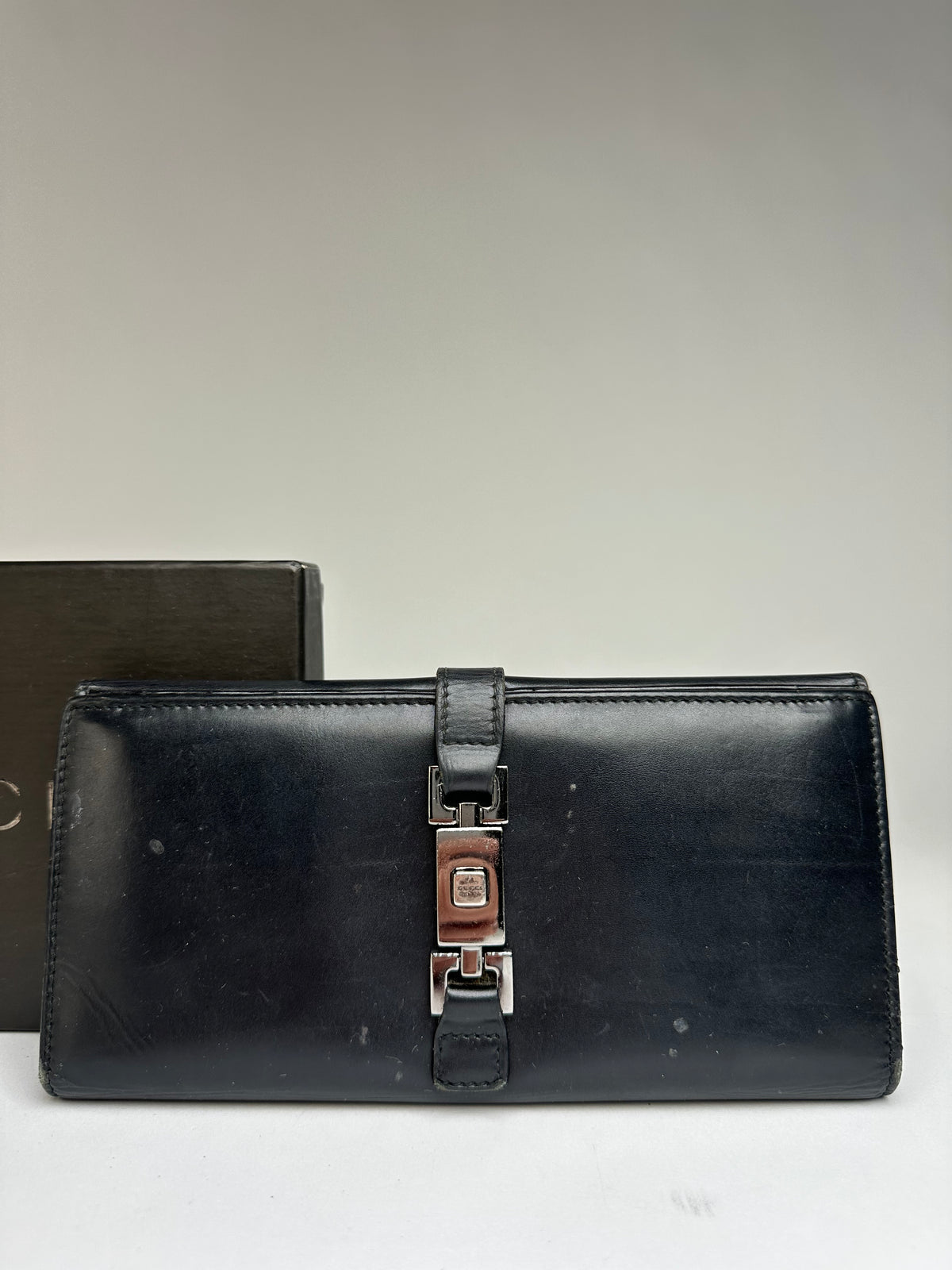 Vintage Gucci Leather Bifold Wallet Early 2000s Black Silver